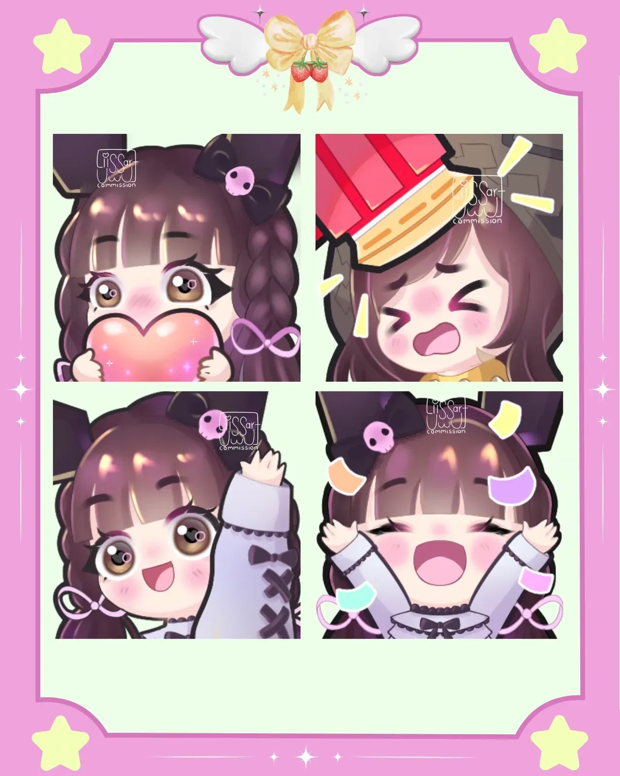 Chibi emotes with bows, drawn for a streamer